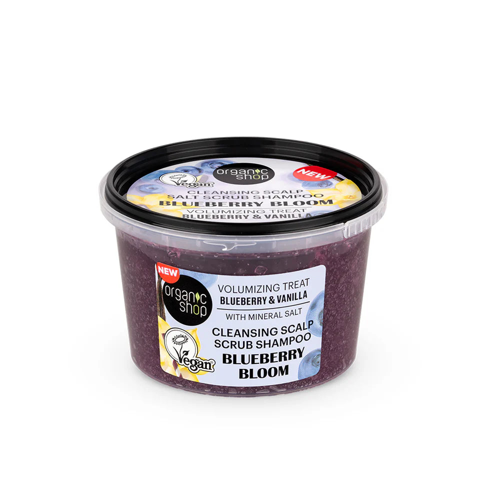 Salt Scrub Shampoo. Blueberry Bloom. Volumizing Treat. Blueberry & Vanilla