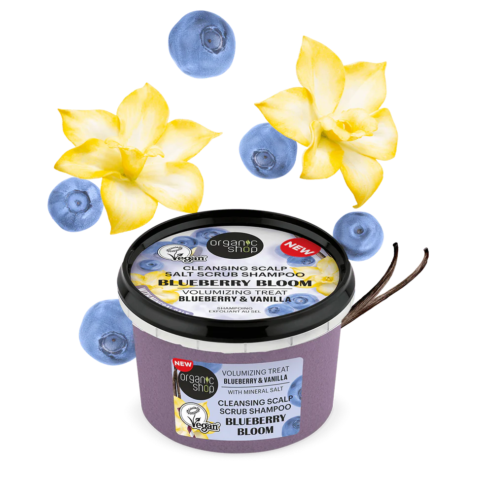 Salt Scrub Shampoo. Blueberry Bloom. Volumizing Treat. Blueberry & Vanilla